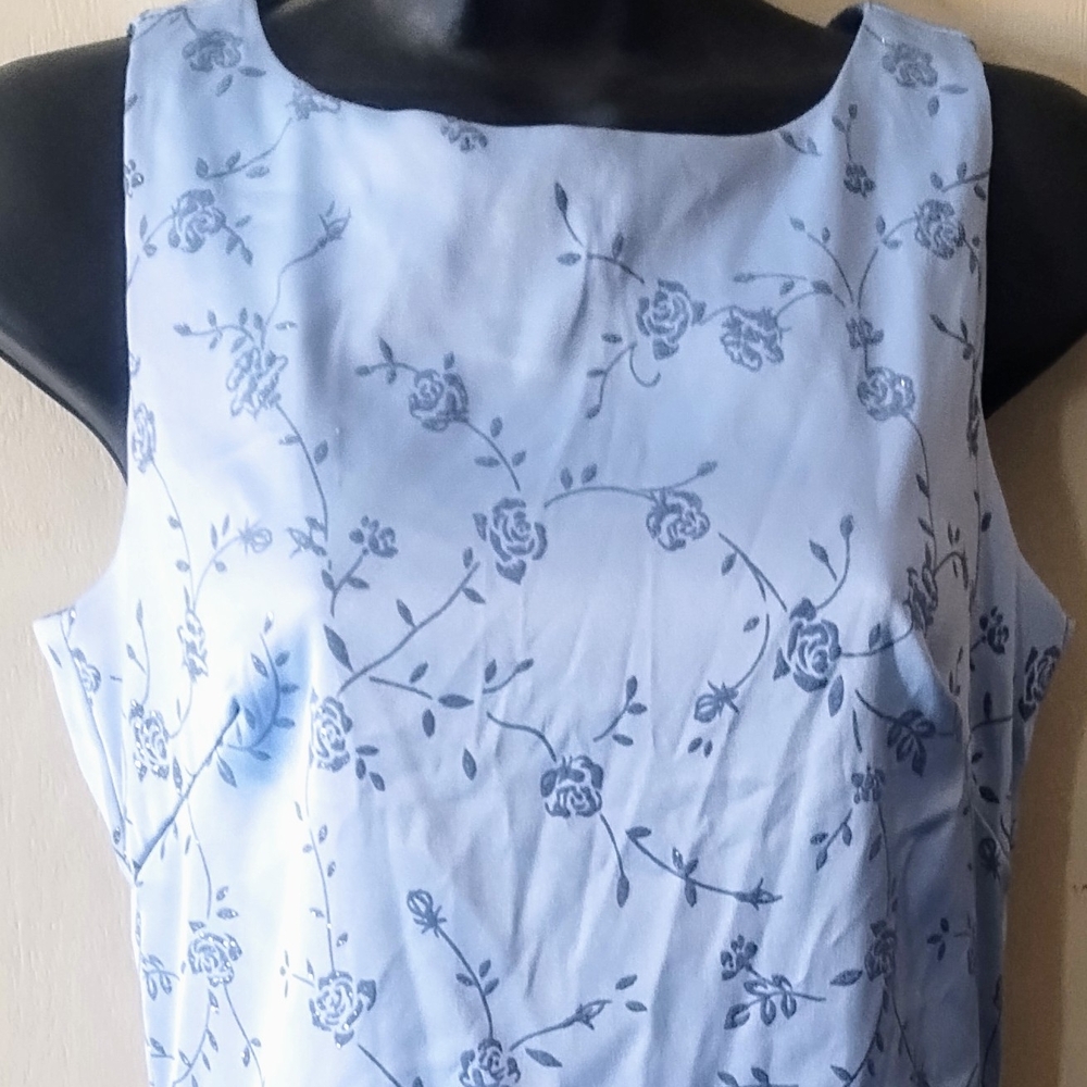 #026 Buyer To California Floral Blue Sleeveless Formal Dress.